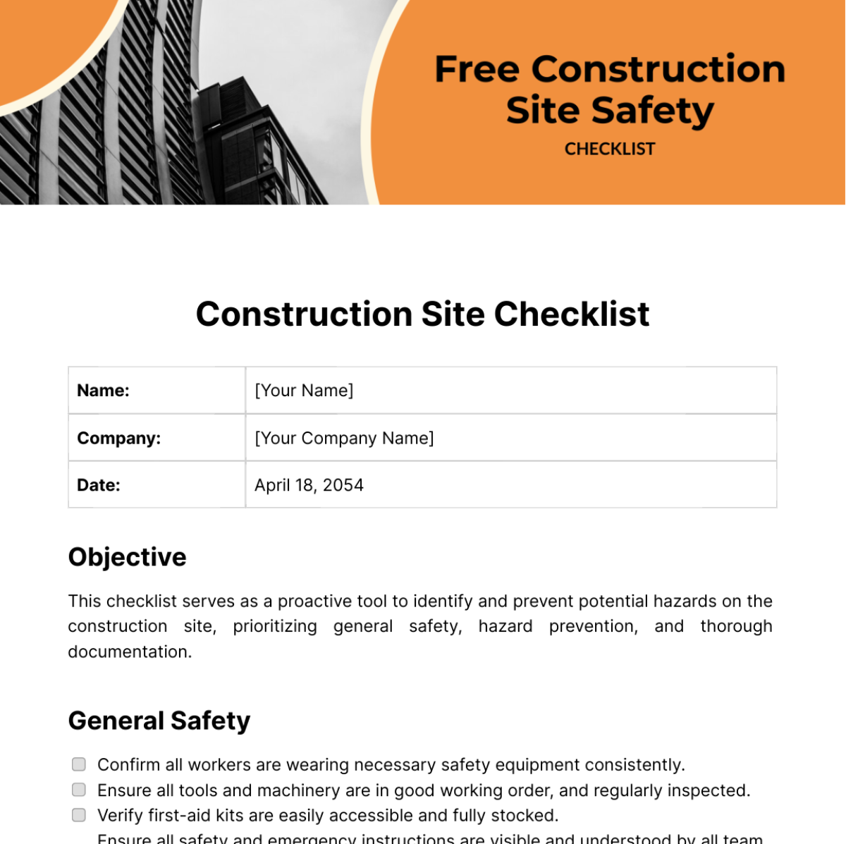 Free Construction Site Safety Checklist Template