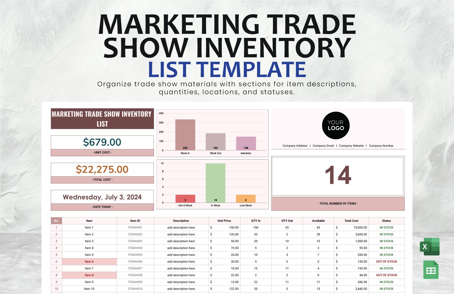Marketing Trade Show Inventory List Template in Excel, Google Sheets
