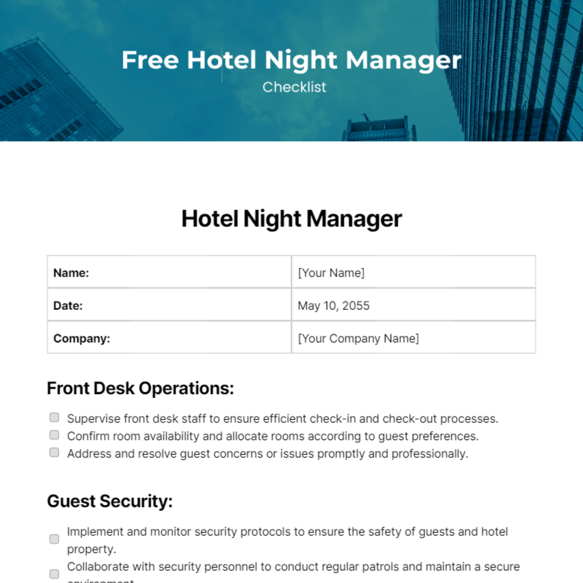 Hotel Night Manager Checklist Template