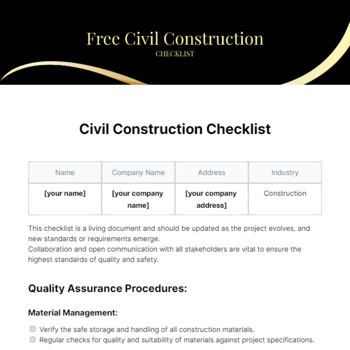 Civil Construction Checklist Template