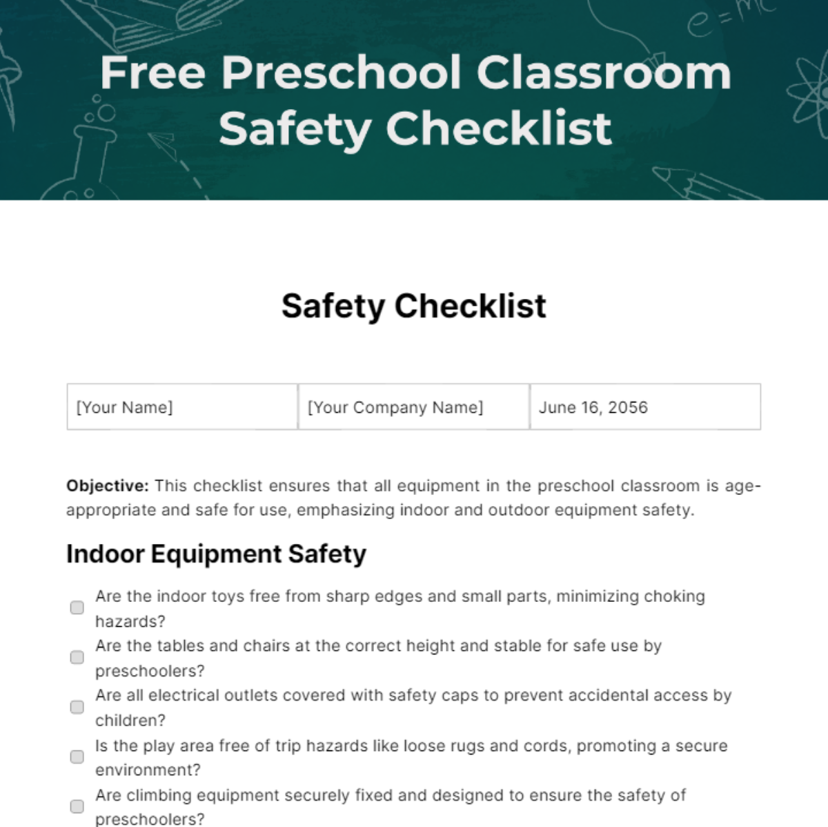 Preschool Classroom Safety Checklist Template