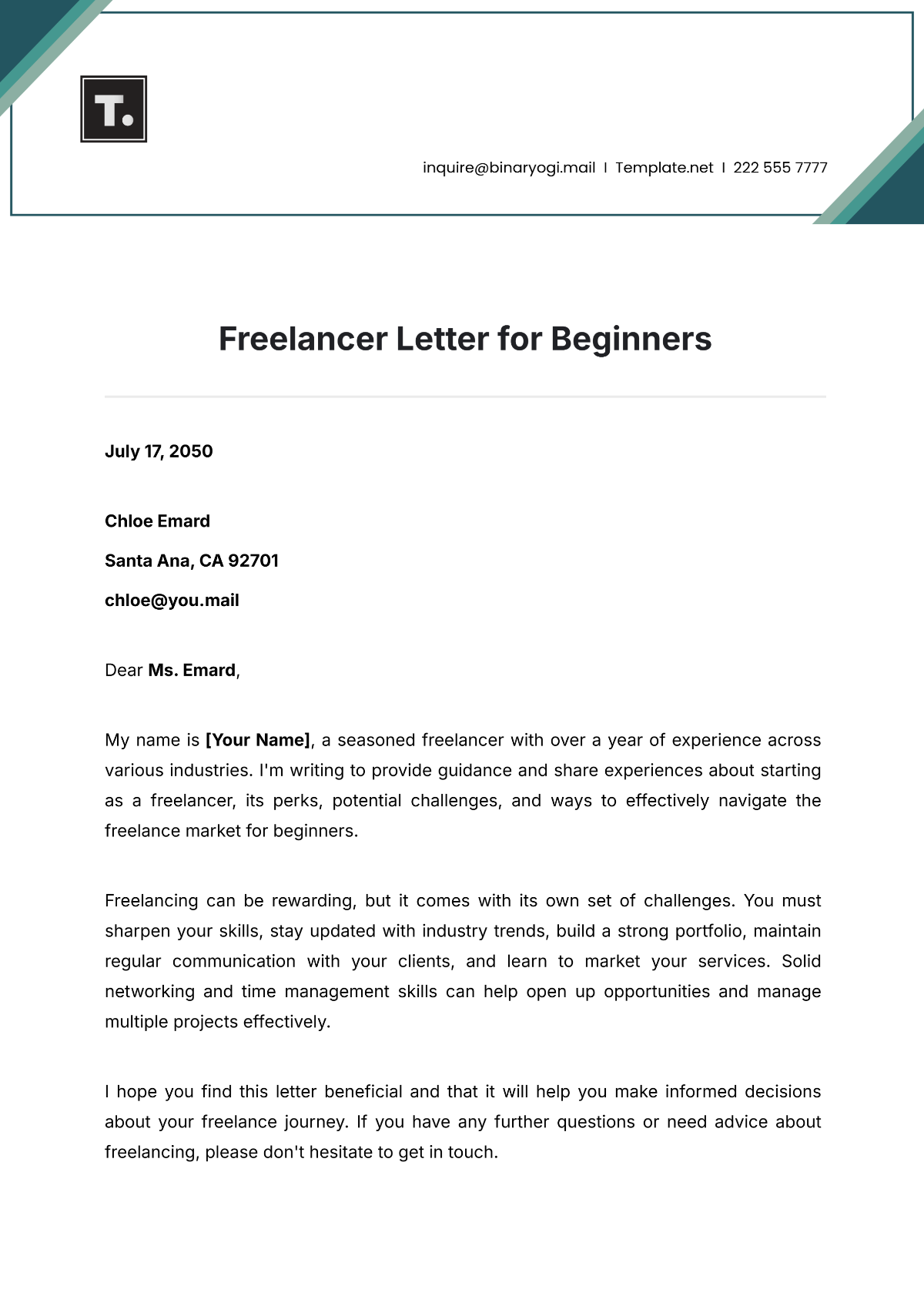 Freelancer Letter for Beginners Template