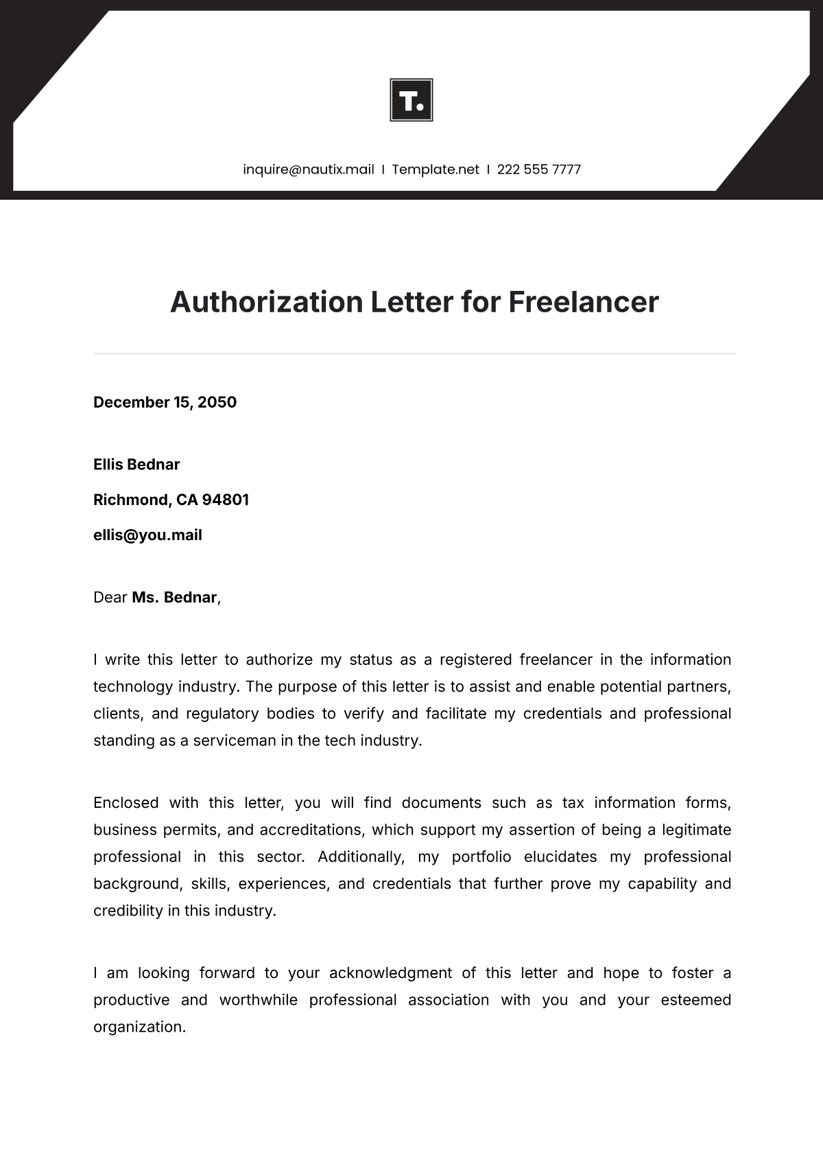 Authorization Letter for Freelancer Template - Edit Online & Download