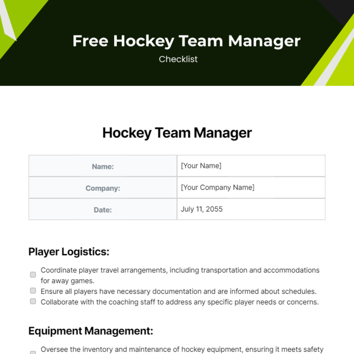 Hockey Team Manager Checklist Template
