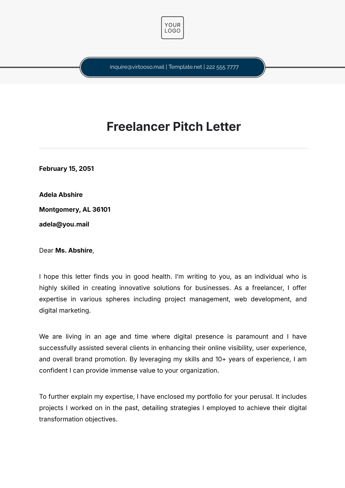 Freelancer Pitch Letter Template - Edit Online & Download