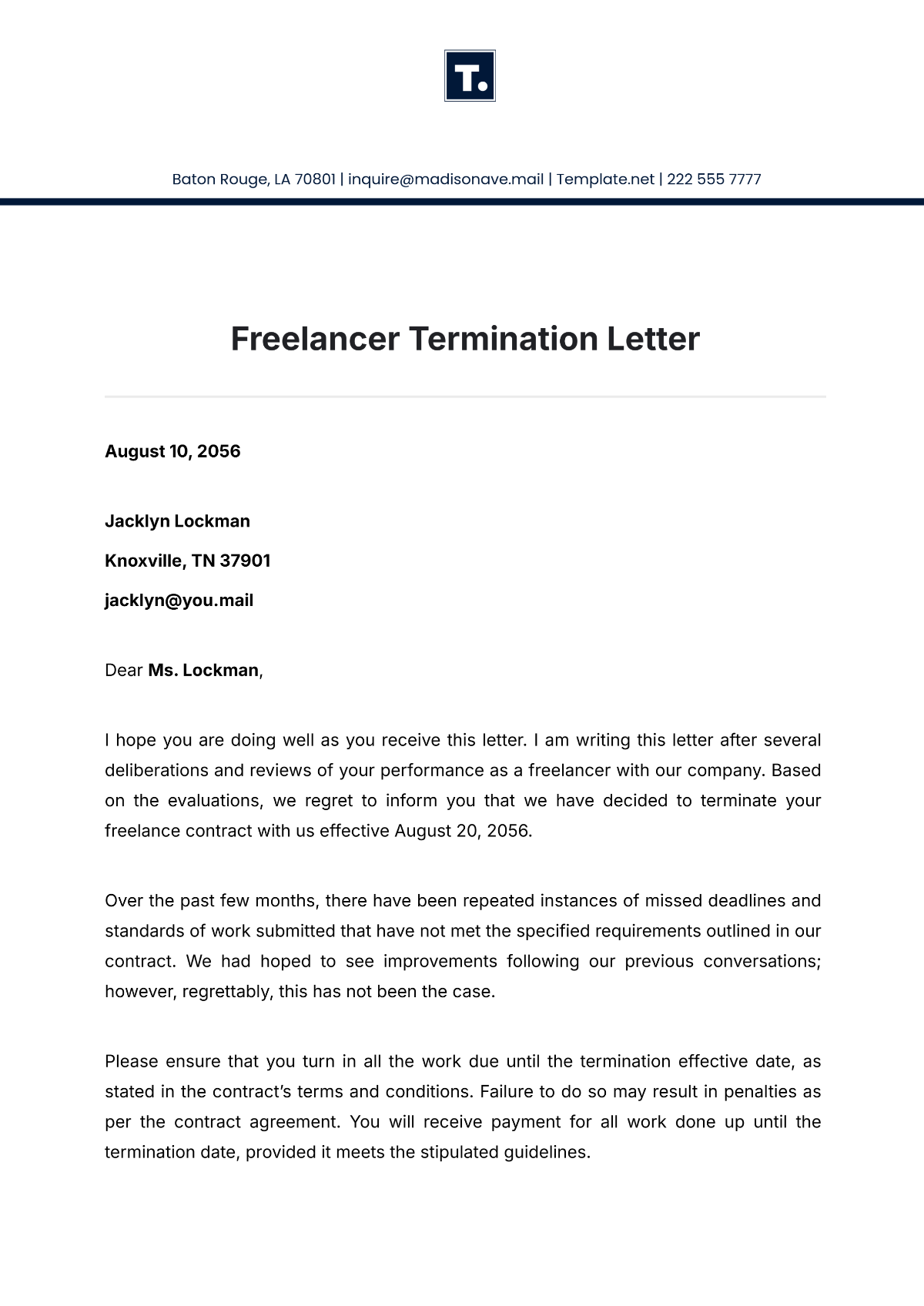 Freelancer Termination Letter Template - Edit Online & Download