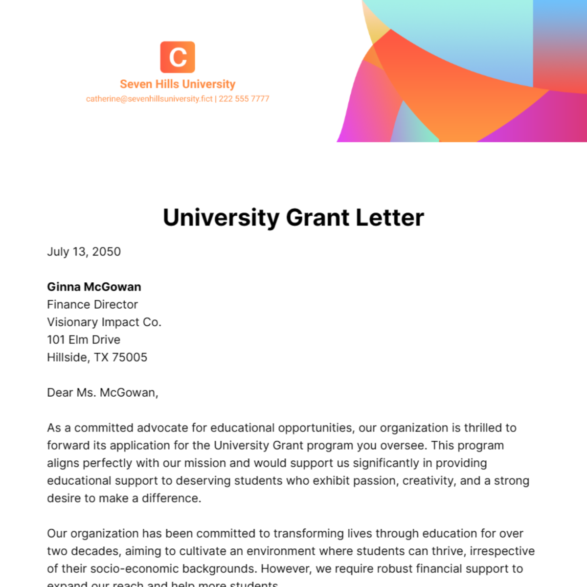 Free University Grant Letter Template