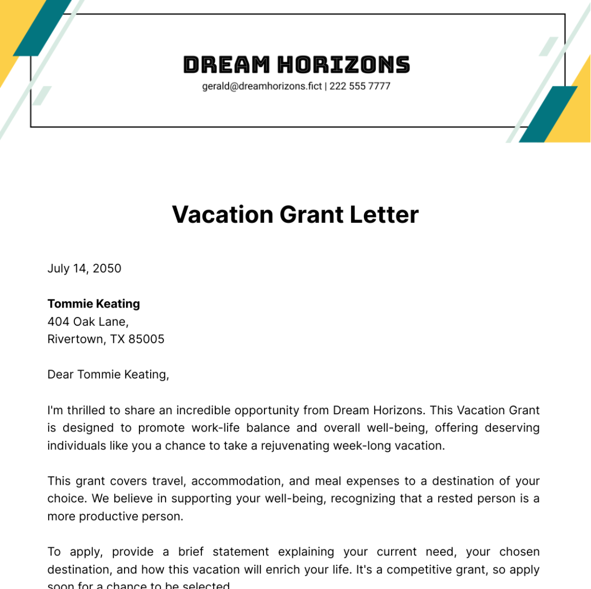 Vacation Grant Letters Template