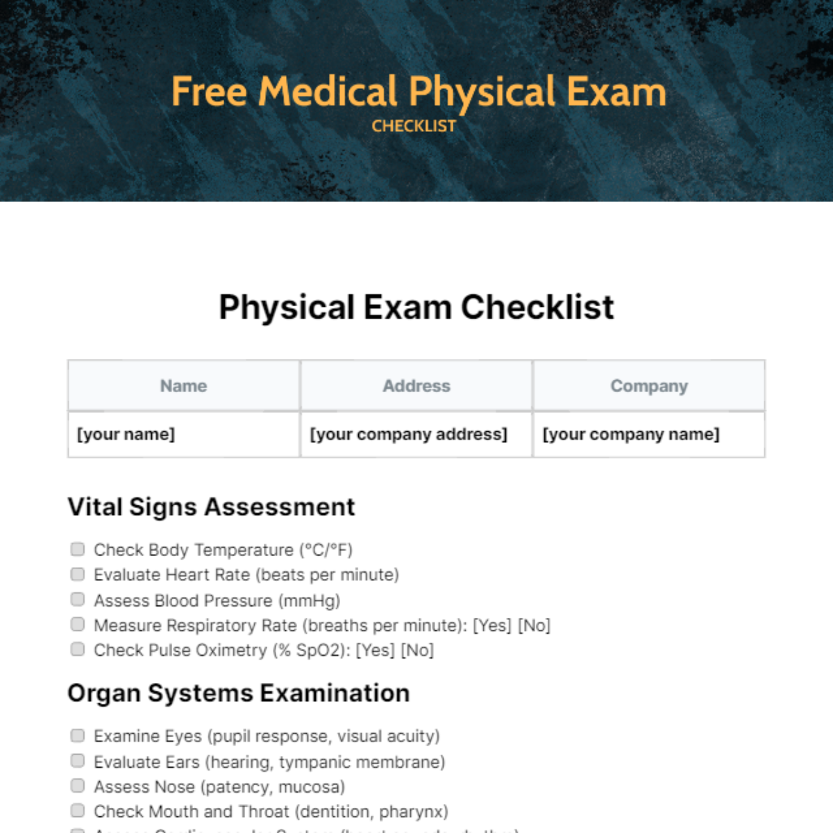 Free Medical Physical Exam Checklist Template