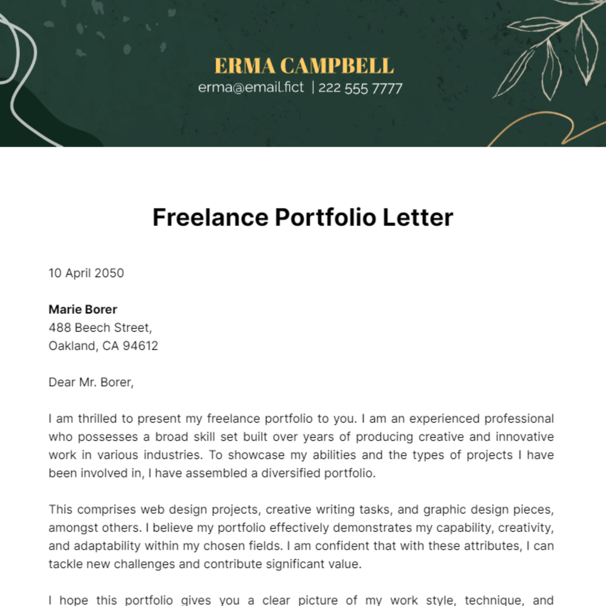 Freelance Portfolio Letter Template