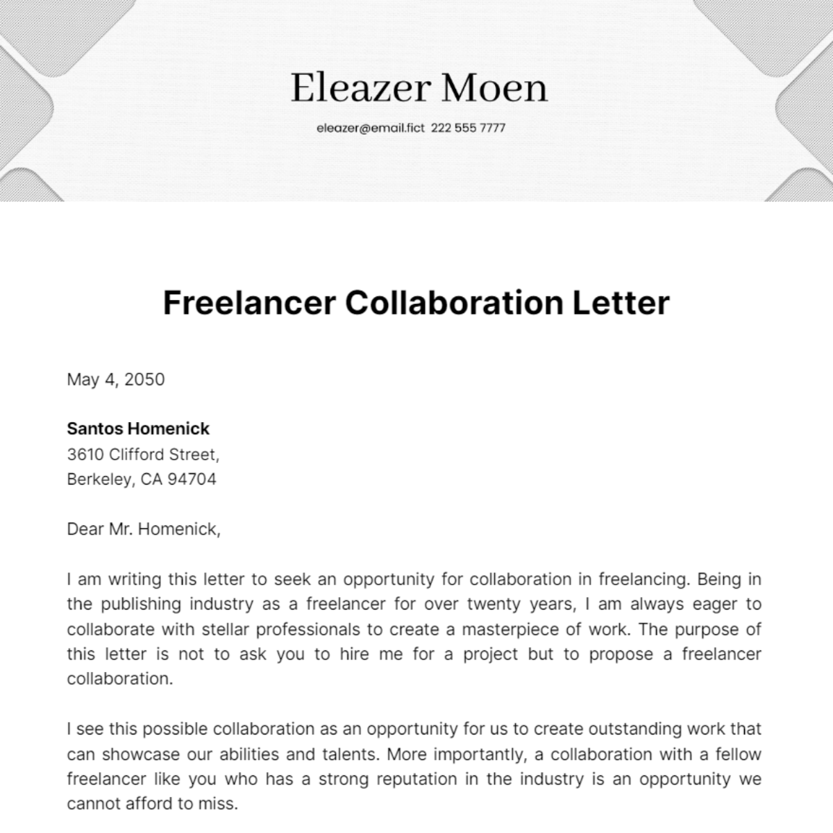 Freelancer Collaboration Letter Template