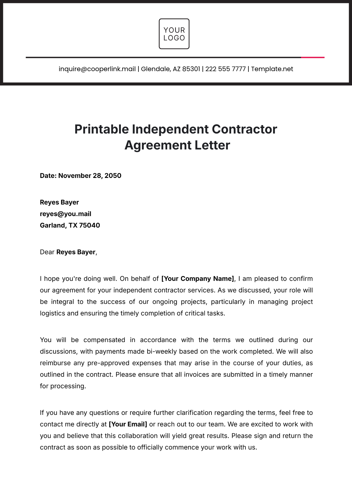 Printable Independent Contractor Letter Template - Edit Online & Download