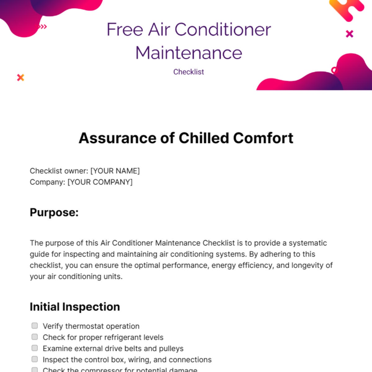 Free Air Conditioner Maintenance Checklist Template