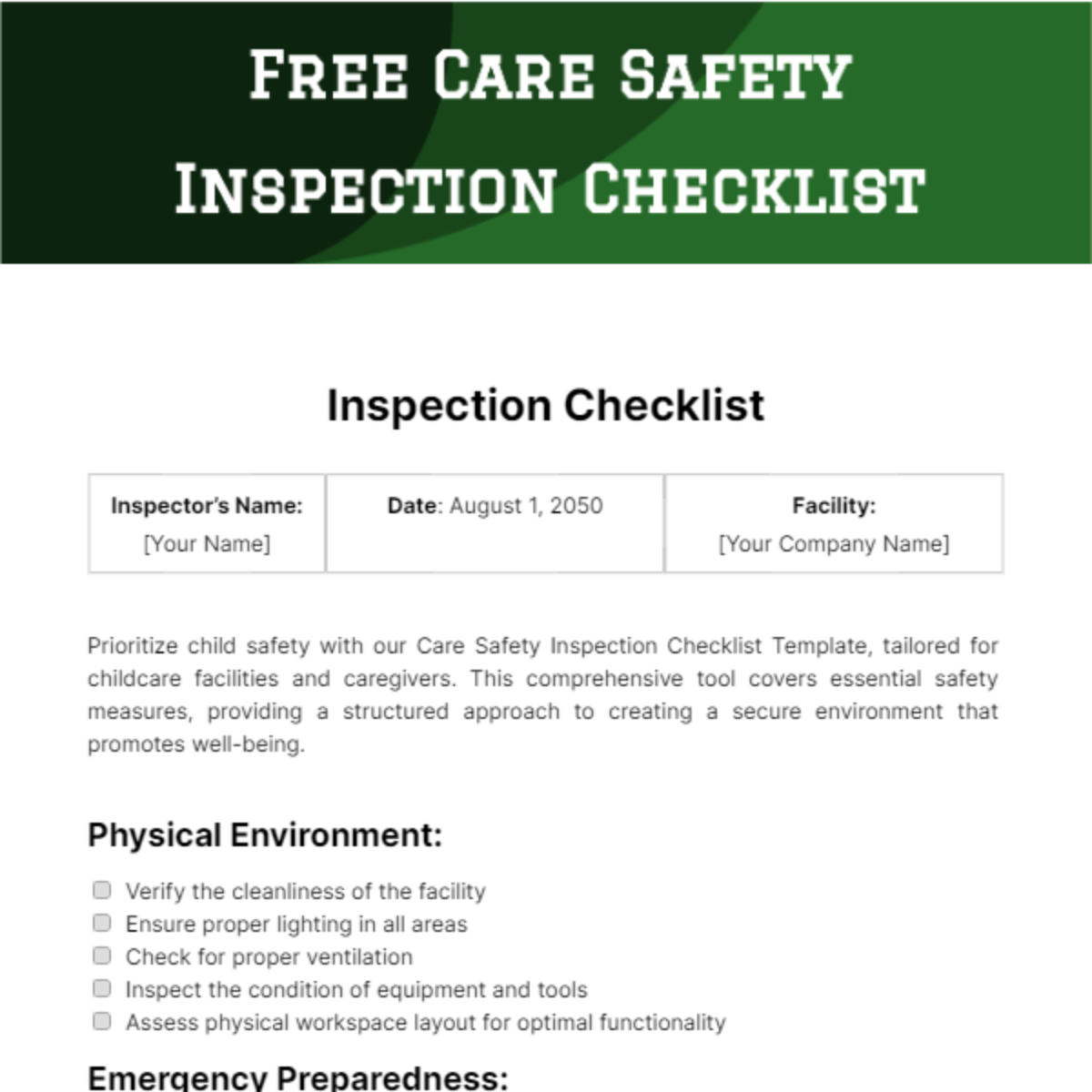 Free Care Safety Inspection Checklist Template