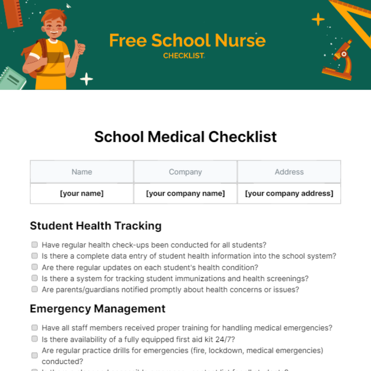 School Nurse Checklist Template