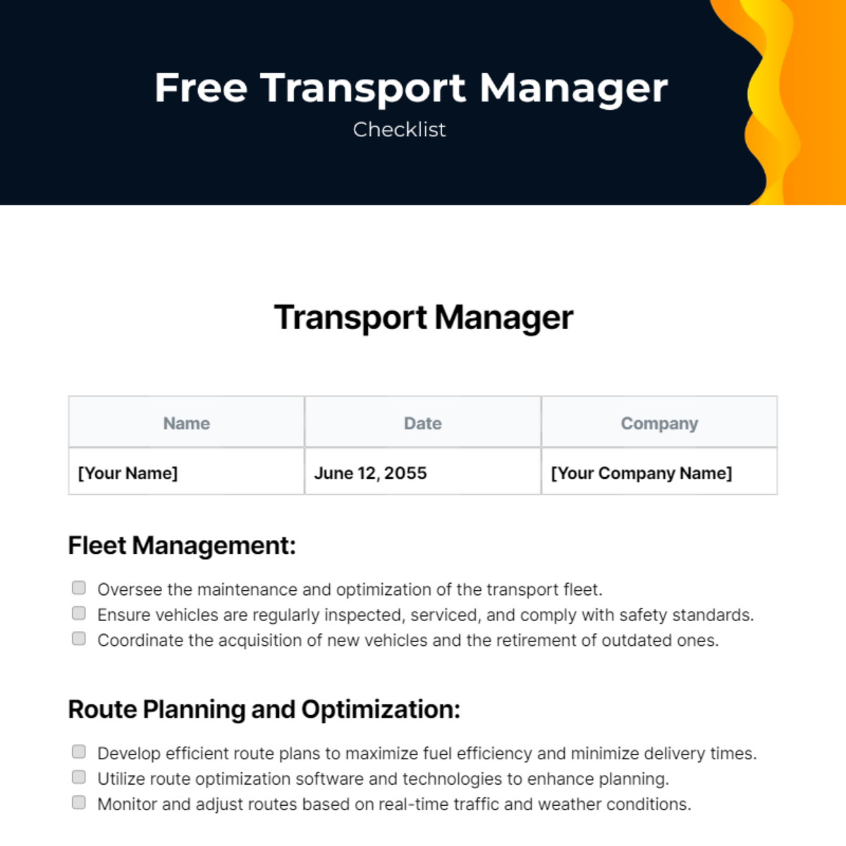 Transport Manager Checklist Template