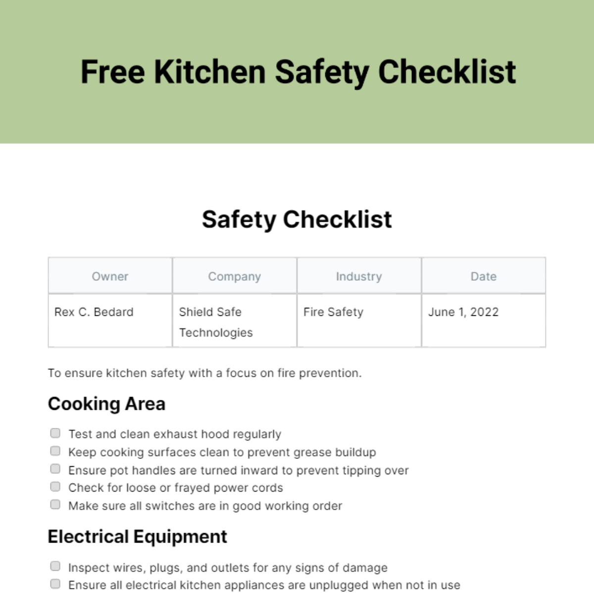 Kitchen Safety Checklist - Edit Online & Download Example