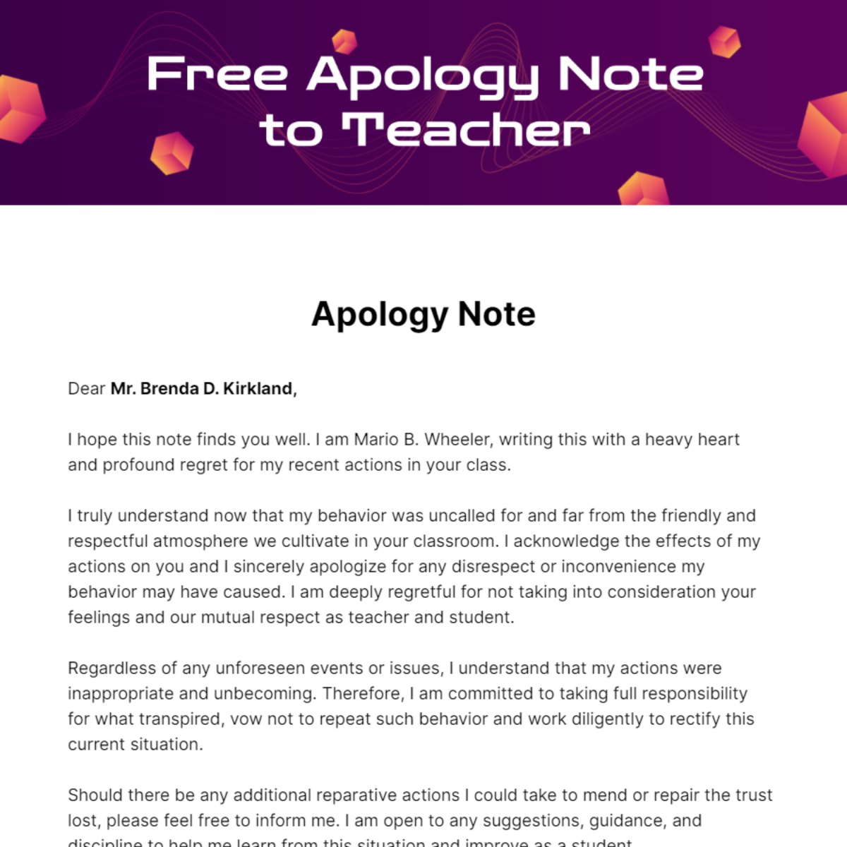 Free Apology Note to Teacher Template