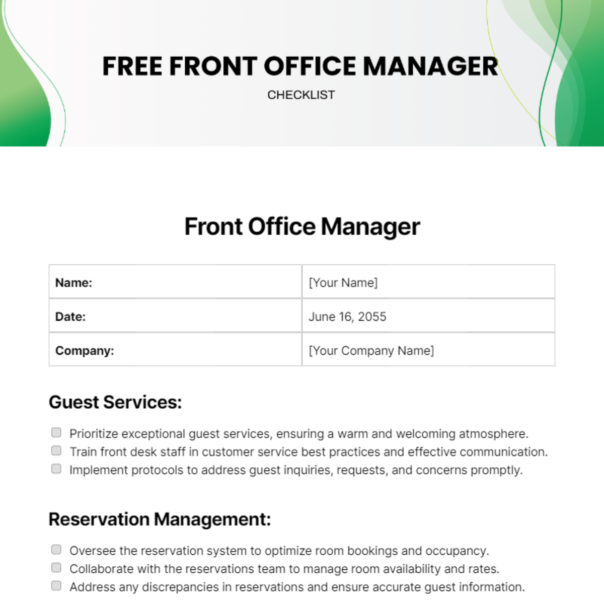 Front Office Manager Checklist Template