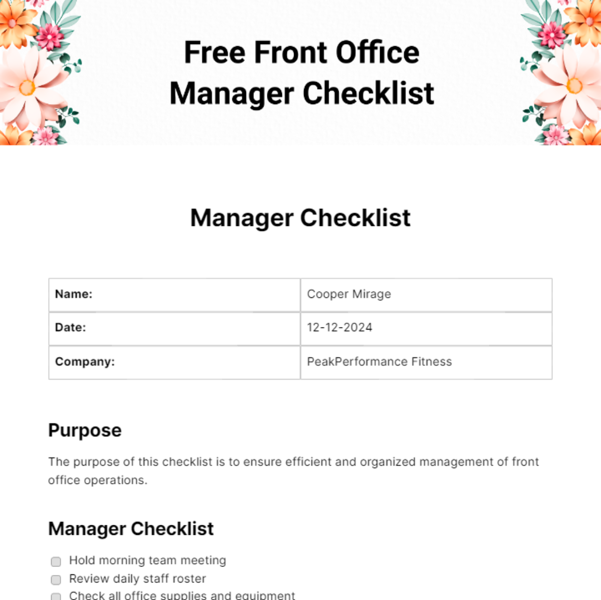 FREE Manager Checklist Edit Online Download Template net