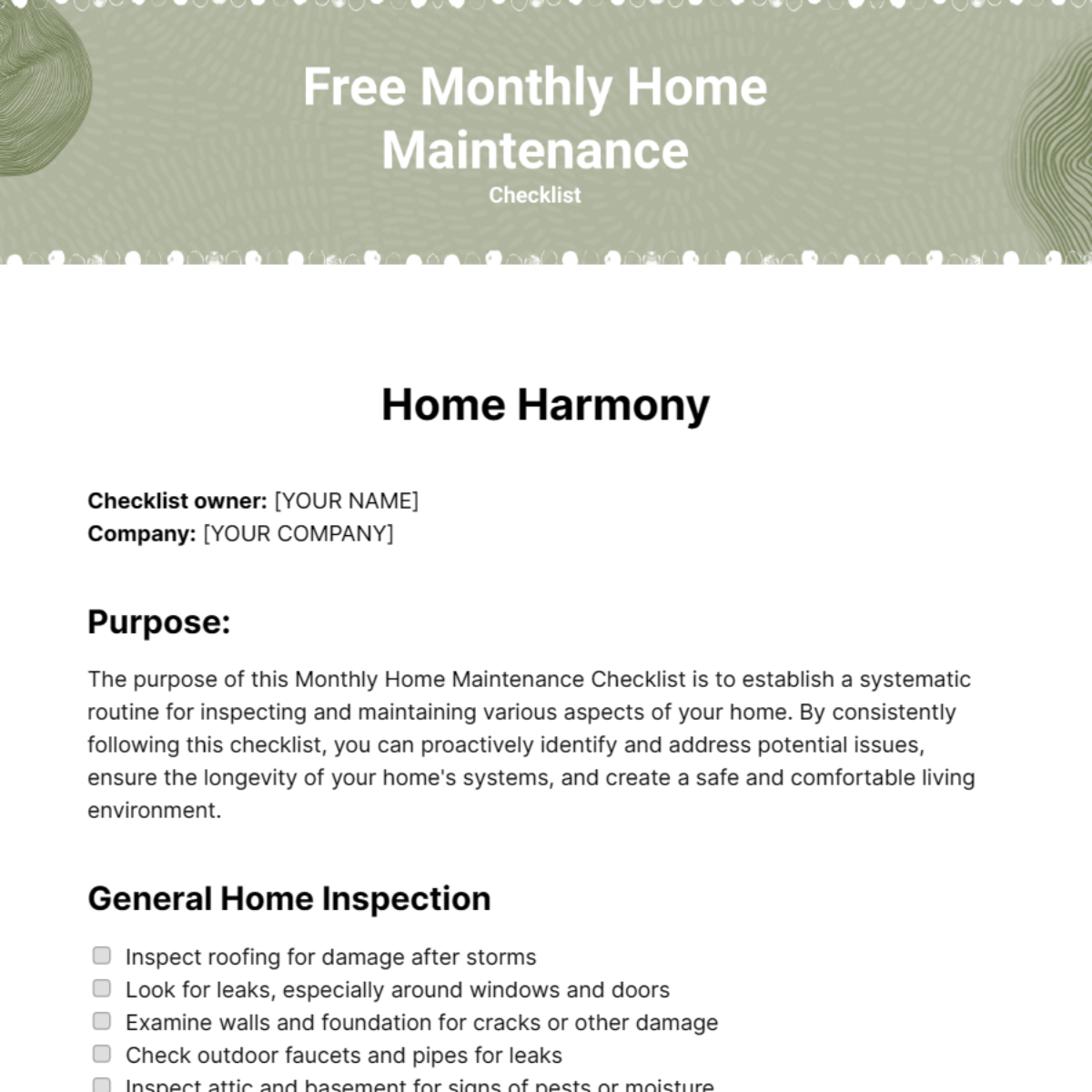 Monthly Home Maintenance Checklist Template