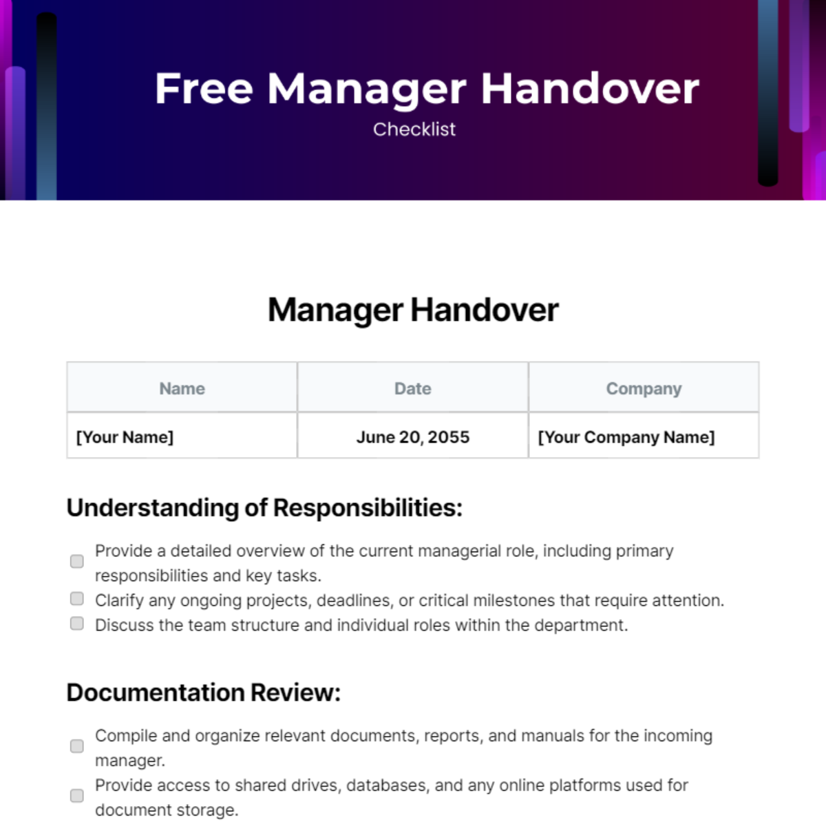 Manager Handover Checklist Template