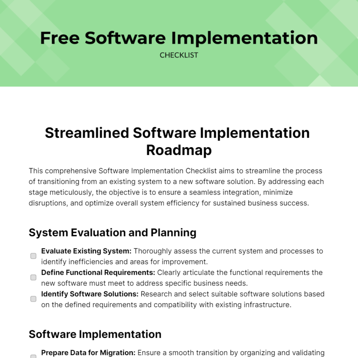 Free Software Implementation Checklist Template