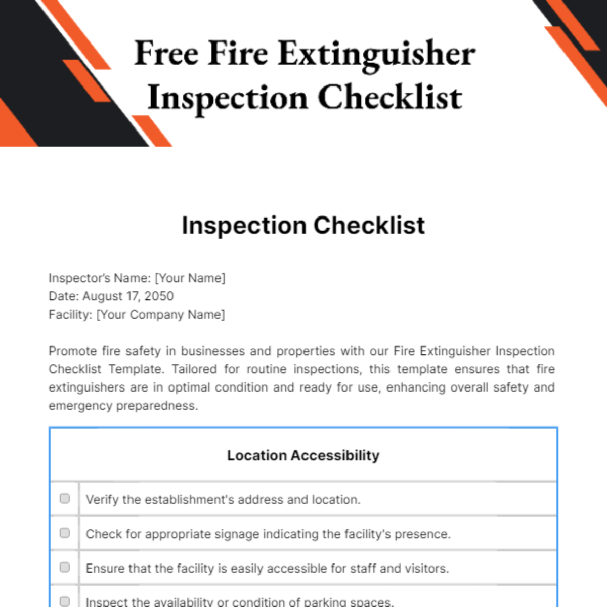 Fire Extinguisher Inspection Checklist Template