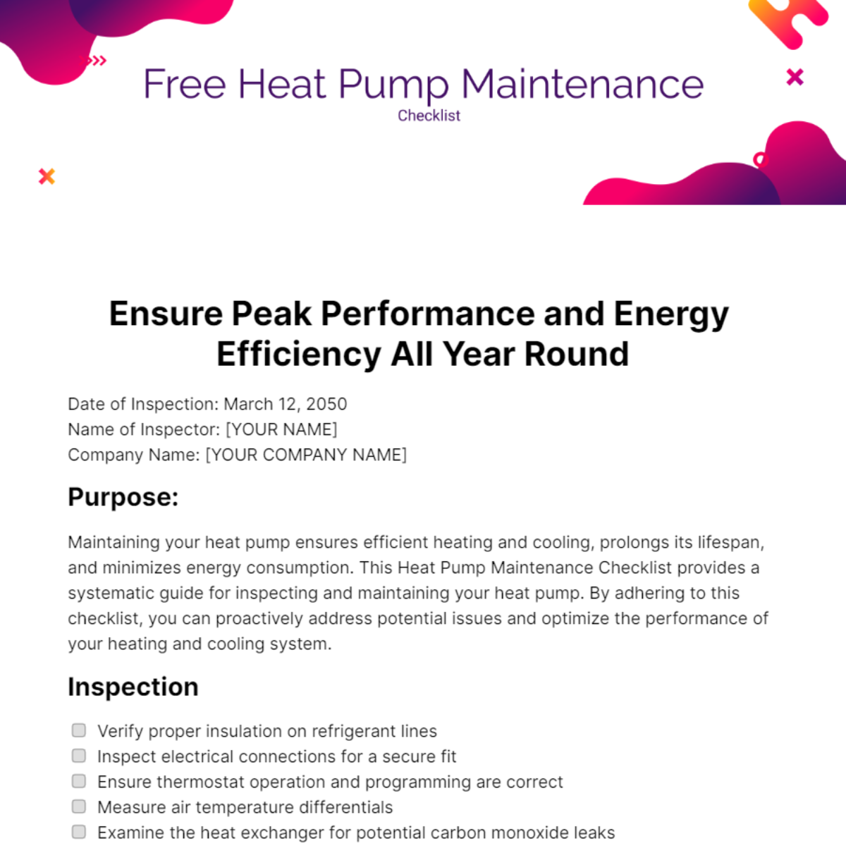 Heat Pump Maintenance Checklist Template
