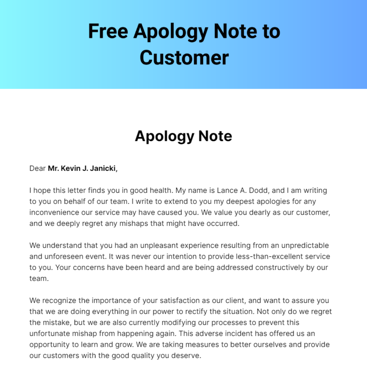 Free Apology Note to Customer Template