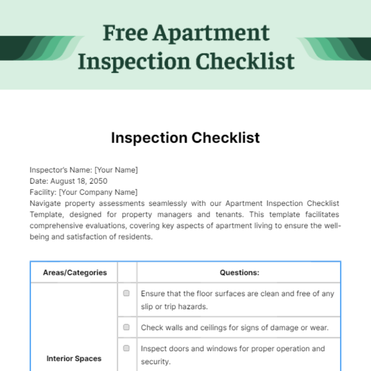 Free Apartment Inspection Checklist Template