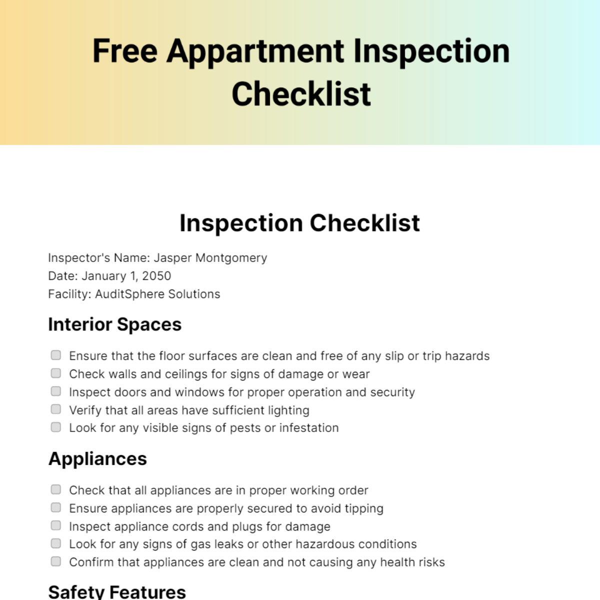 Free Apartment Inspection Checklist Edit Online & Download