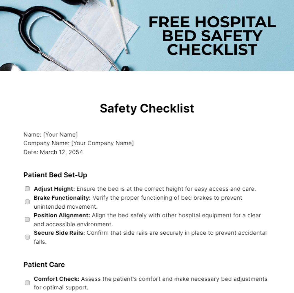 Hospital Bed Safety Checklist Template