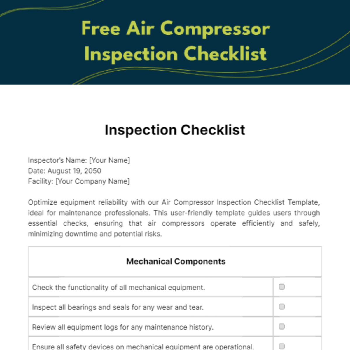 Free Air Compressor Inspection Checklist Template