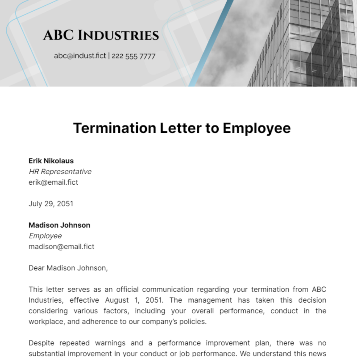 Termination Letter to Employee Template