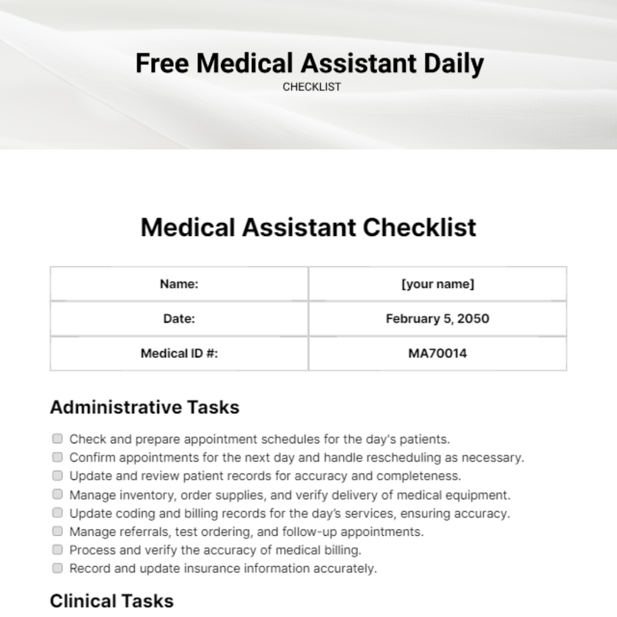 Free Medical Assistant Daily Checklist Template