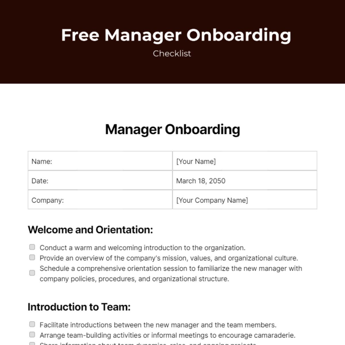 Manager Onboarding Checklist Template