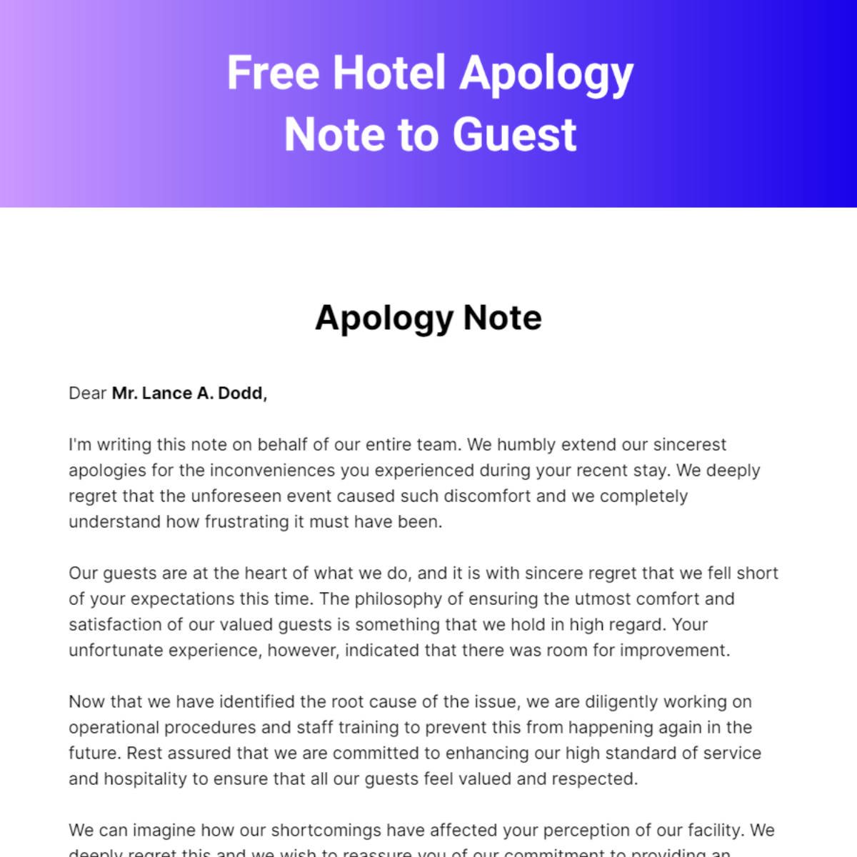 Hotel Apology Note to Guest Template