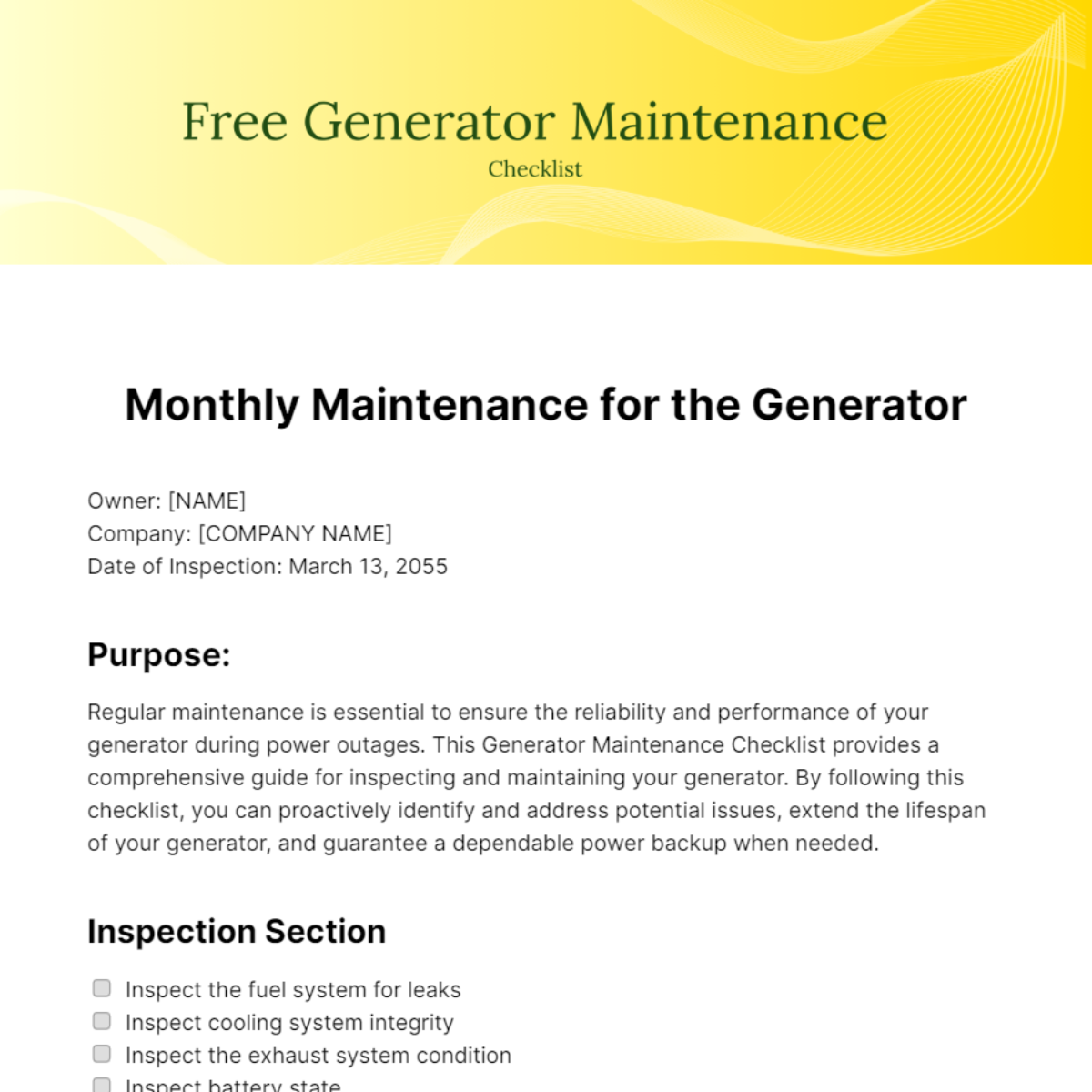Free Generator Maintenance Checklist Template