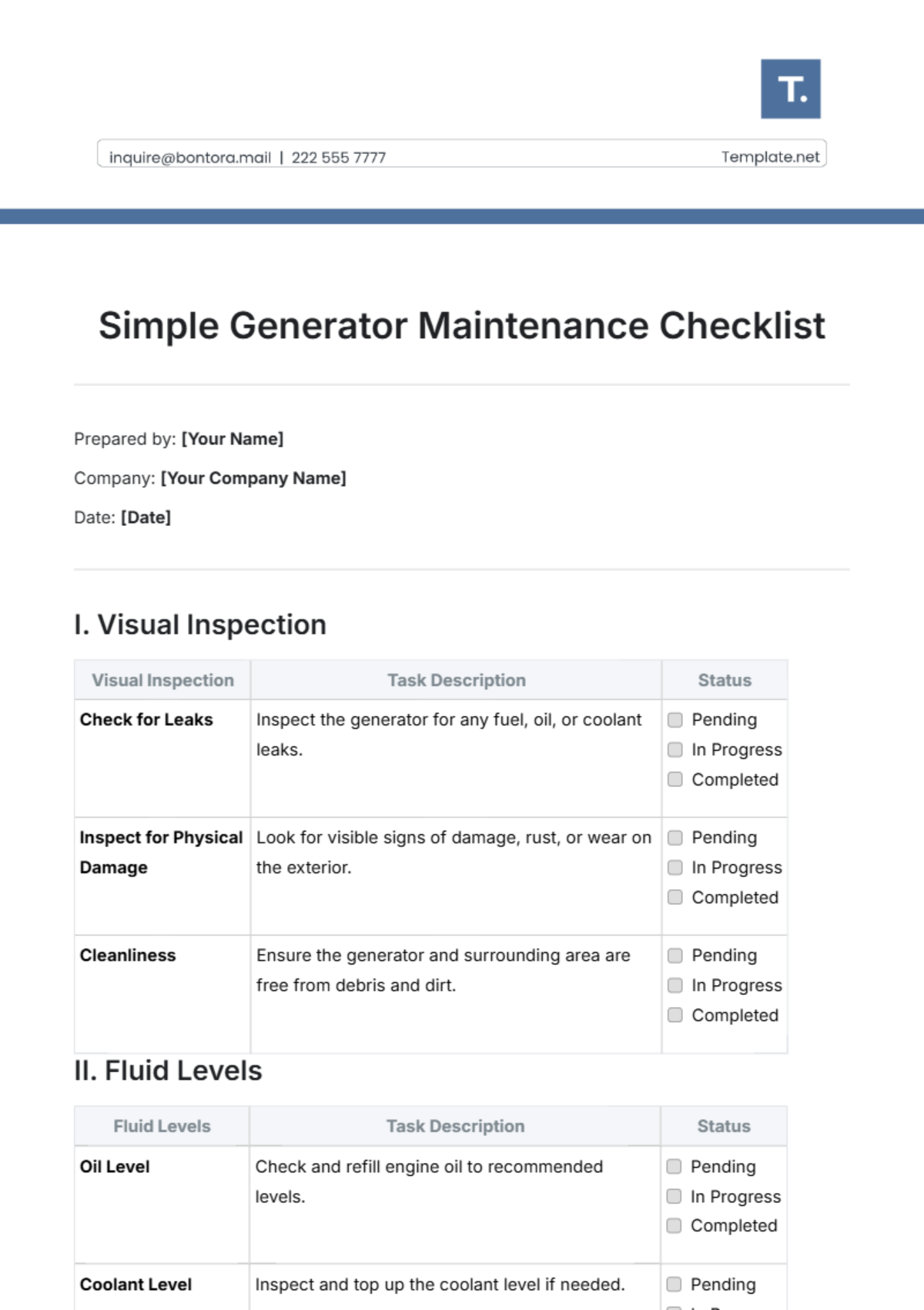 Simple Generator Maintenance Checklist Template