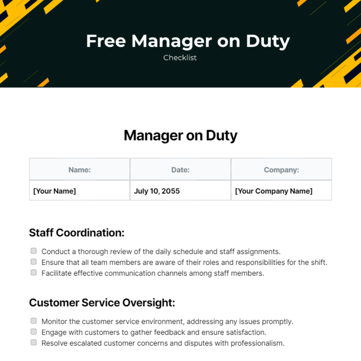 Manager on Duty Checklist Template