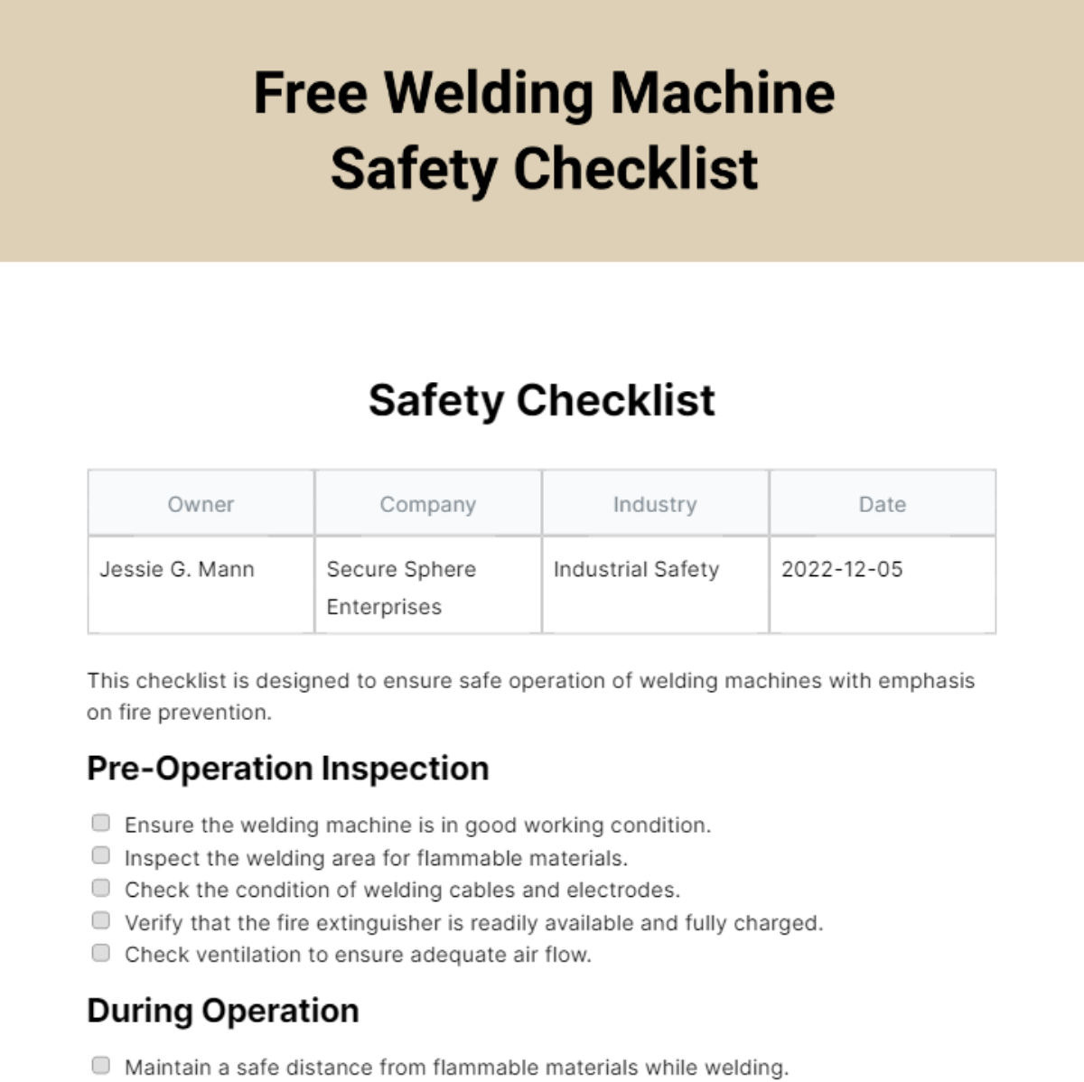 FREE Safety Checklist Edit Online & Download