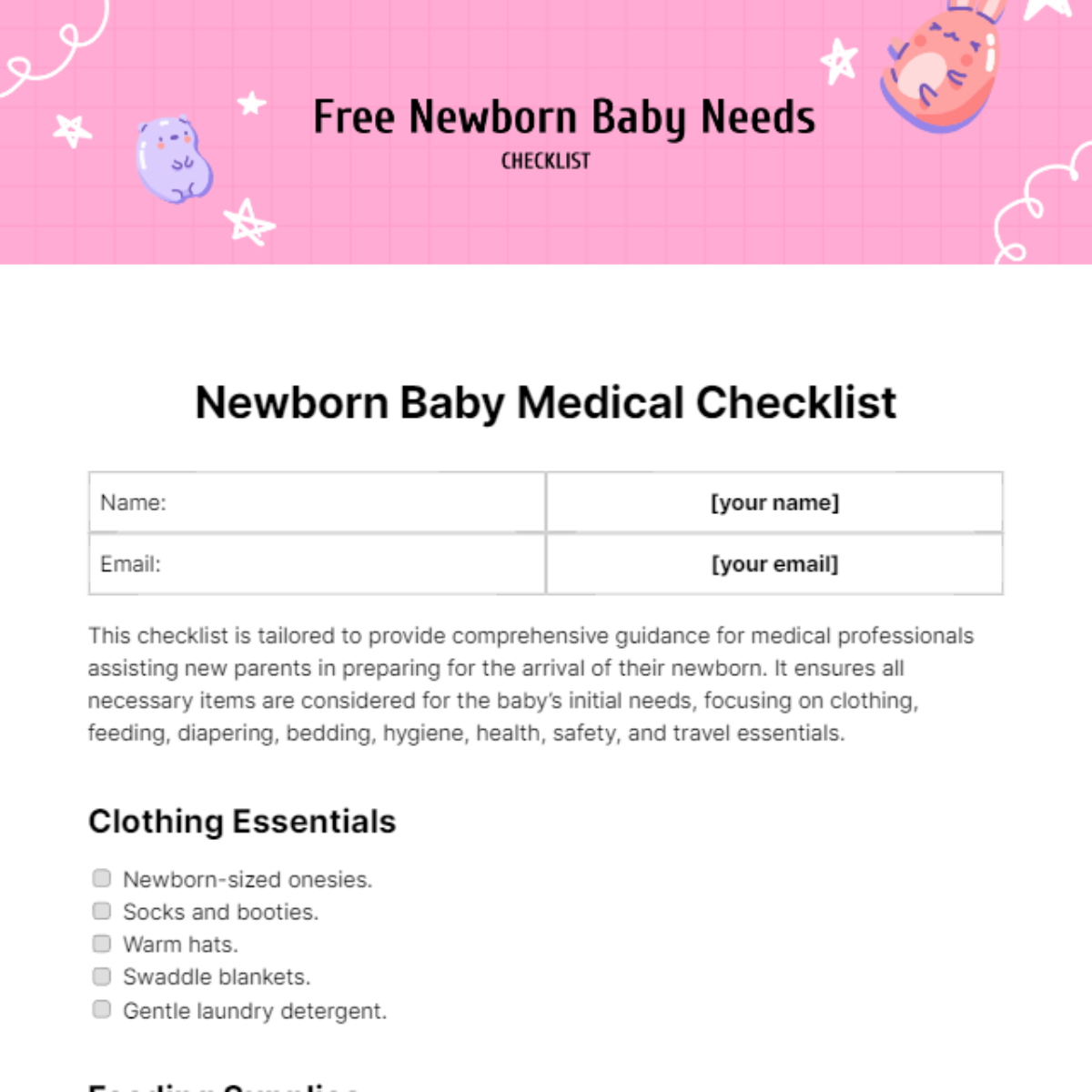 Newborn Baby Needs Checklist Template