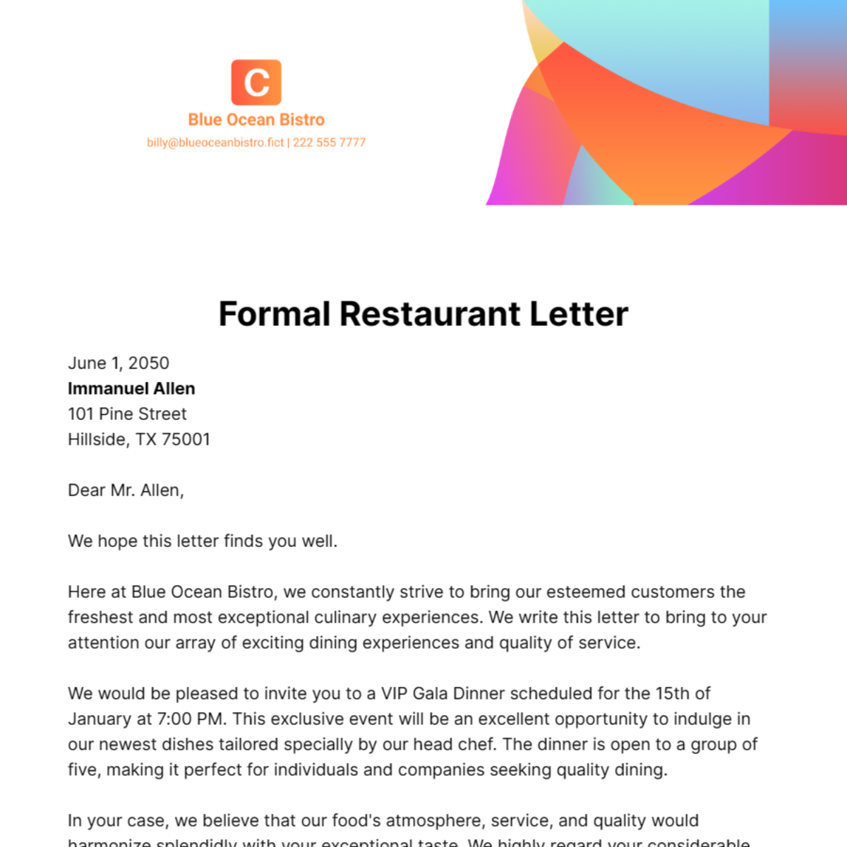 Formal Restaurant Letter Template