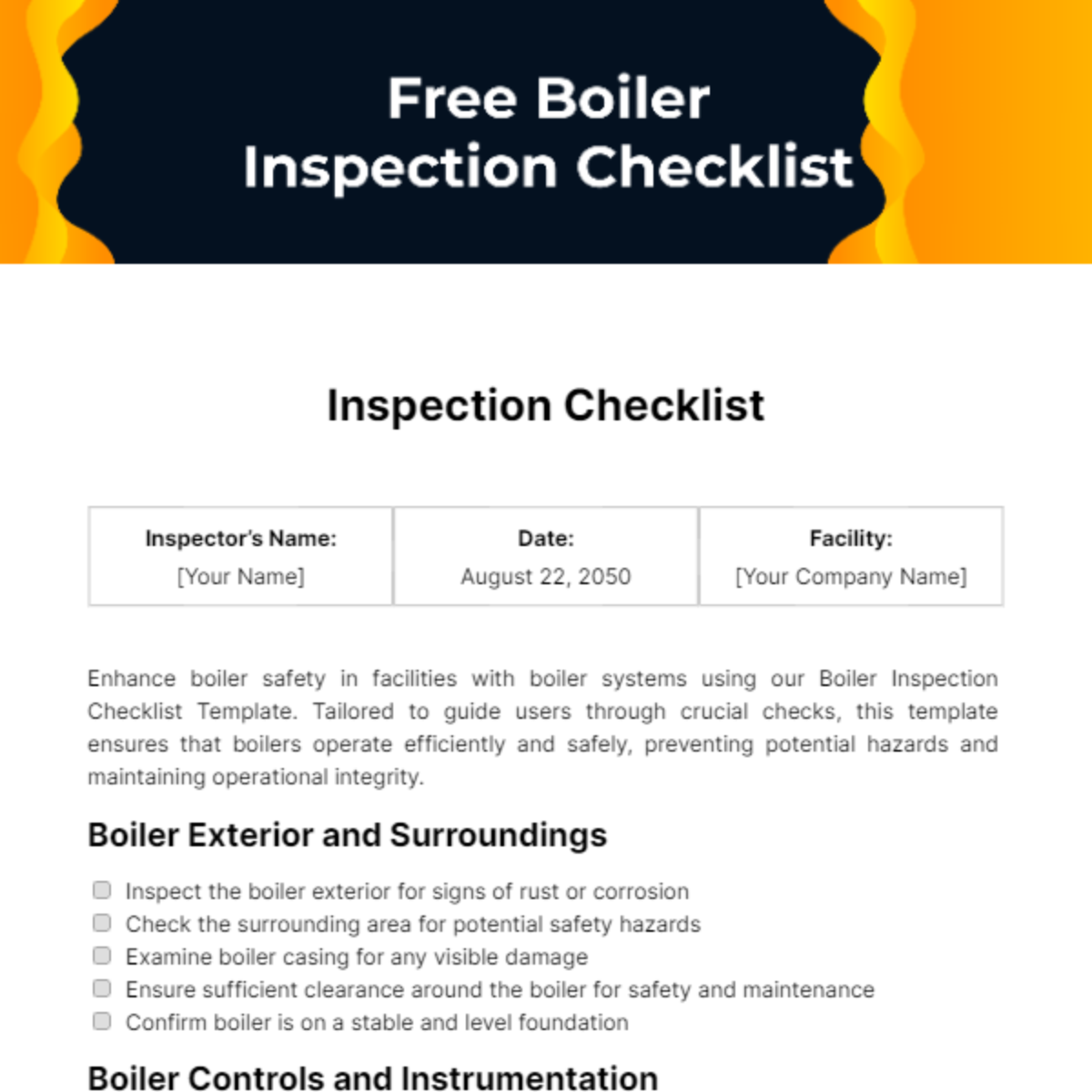 Free Boiler Inspection Checklist Template