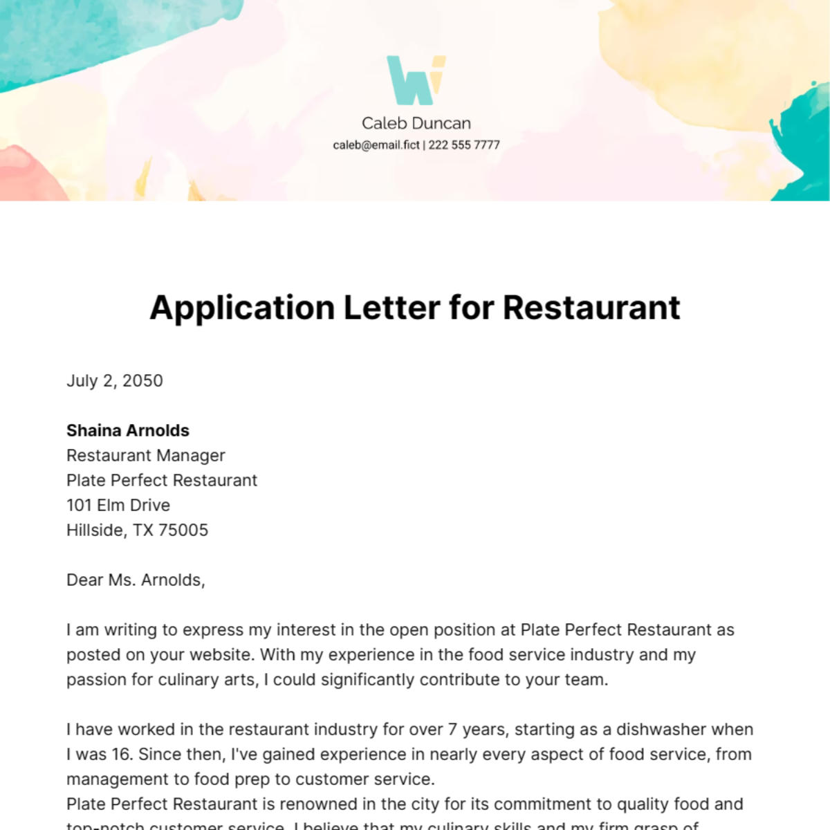 Free Application Letter for Restaurant Template