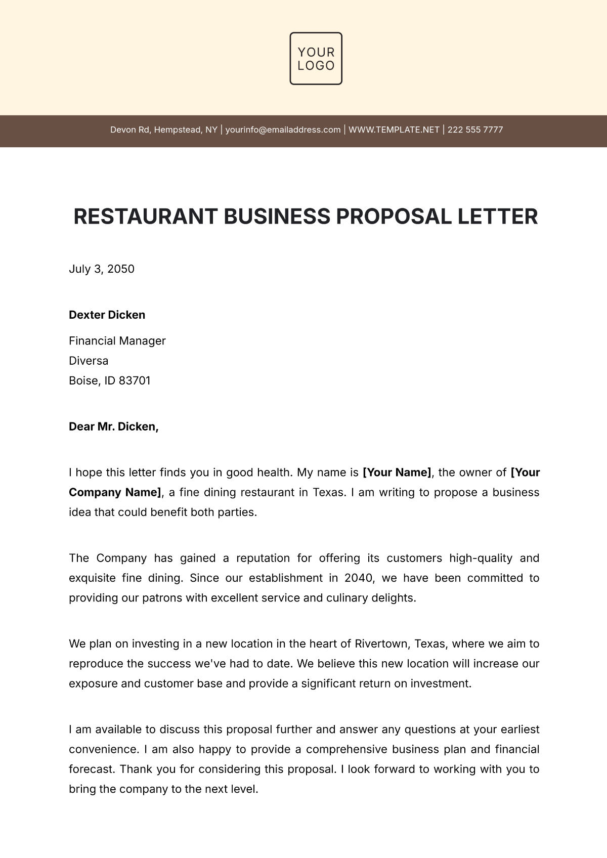 Restaurant Business Proposal Letter Template - Edit Online & Download