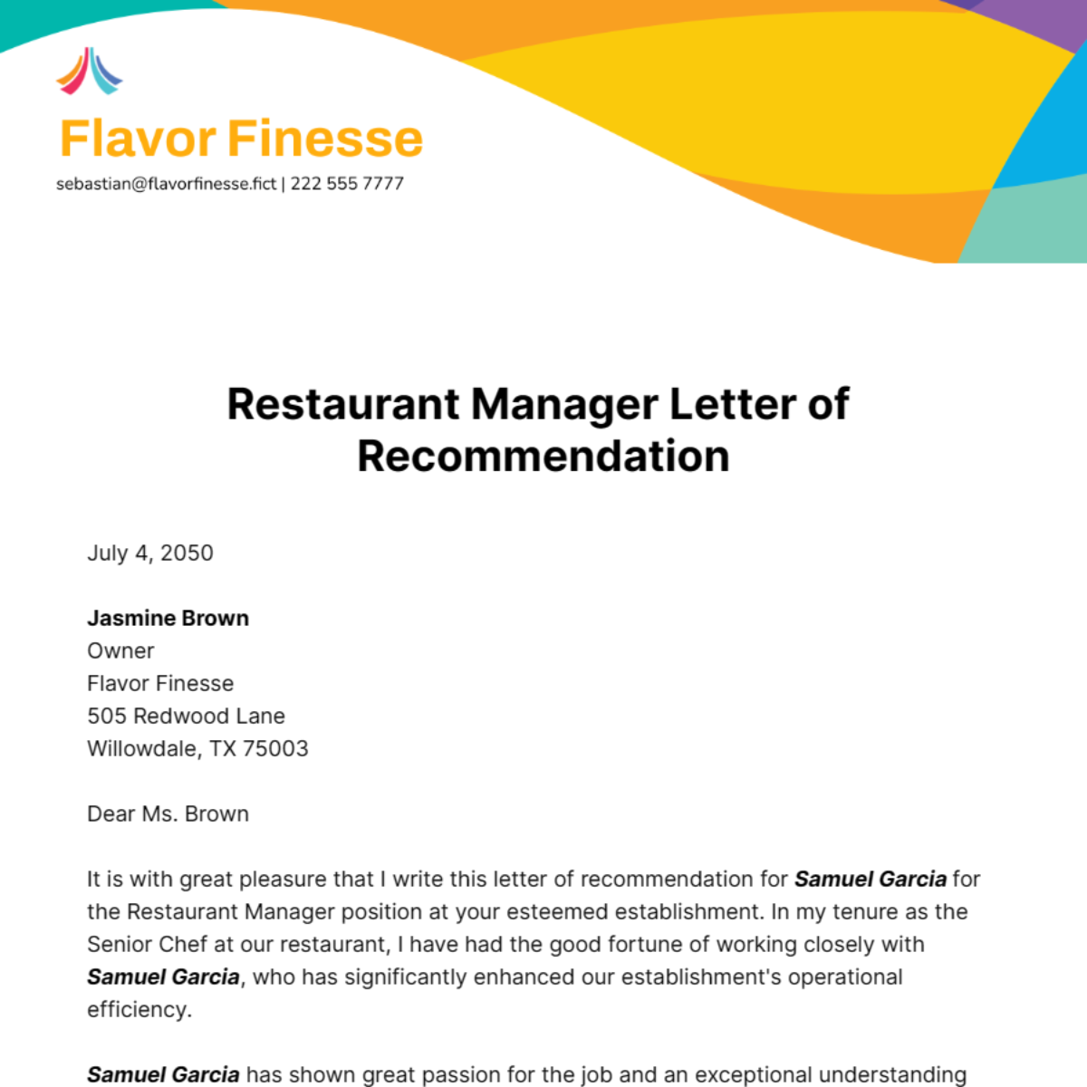 Restaurant Manager Letter of Recommendation Template
