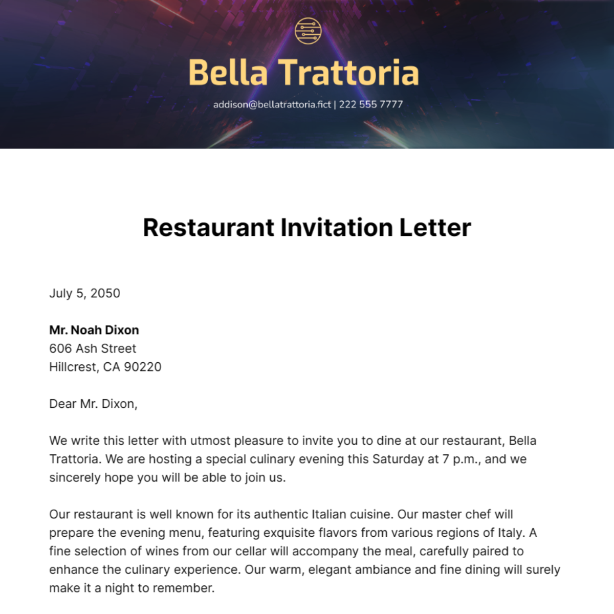 Free Restaurant Invitation Letter Template
