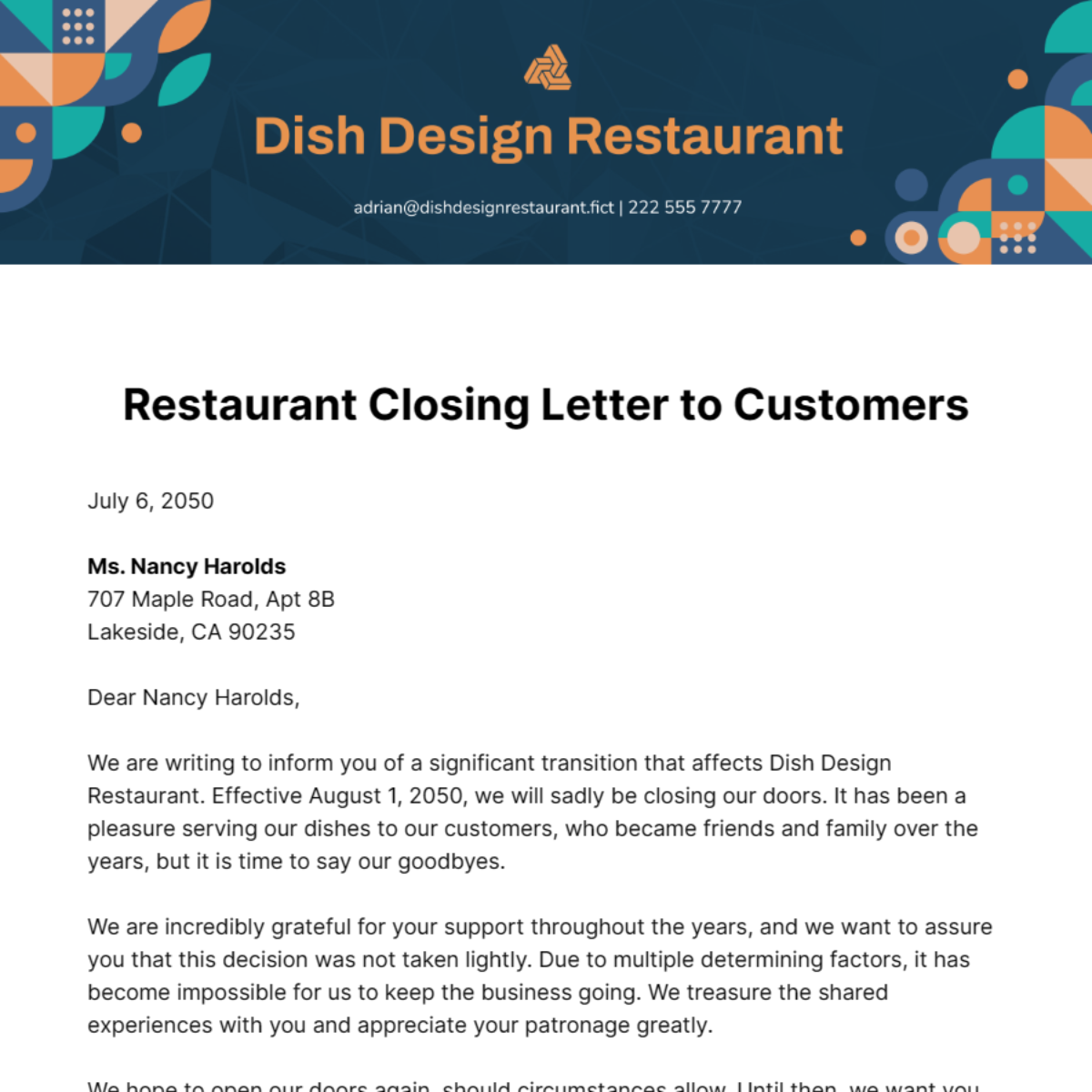 Restaurant Closing Letter to Customers Template